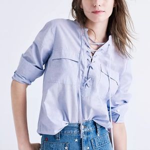 Madewell Cotton Lace Up Front Blue Blouse